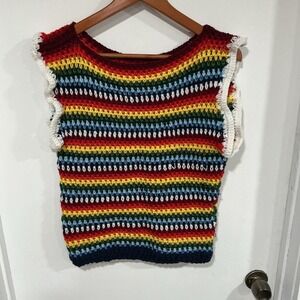 Handmade Crochet Vest, Ruffle Trim, Stripped Red, Yellow, Blue, Small